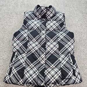 Eddie Bauer Womens Puffer Vest Black White Plaid Goose Down‎ Insulated Size M